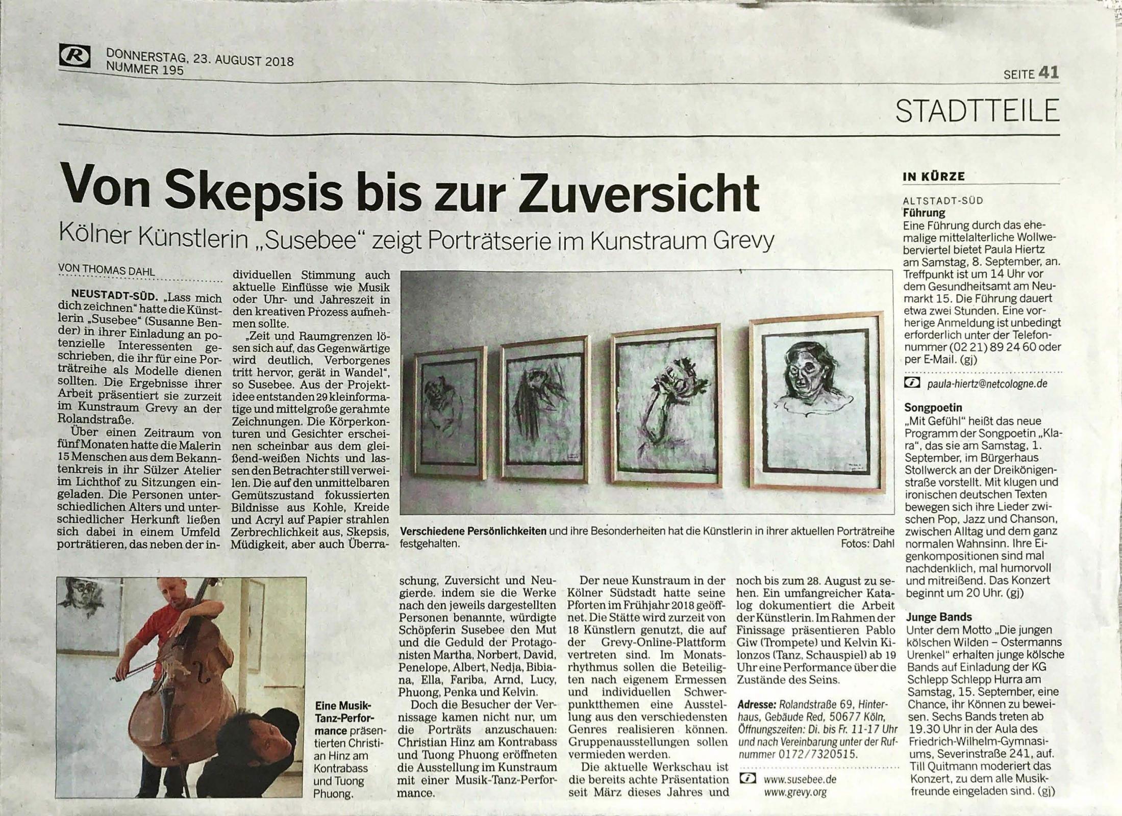 Kölnische Rundschau: Von Skepsis bis zur Zuversicht  | Kölner Künstlerin „susebee&quot; zeigt Porträtserie im Kunstraum Grevy 